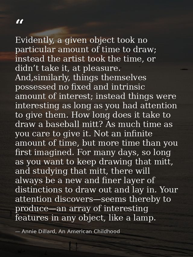 Evidently, a given object took no particular amount of time to draw; instead the artist took the time, or didn’t take it — Annie Dillard, An American Childhood