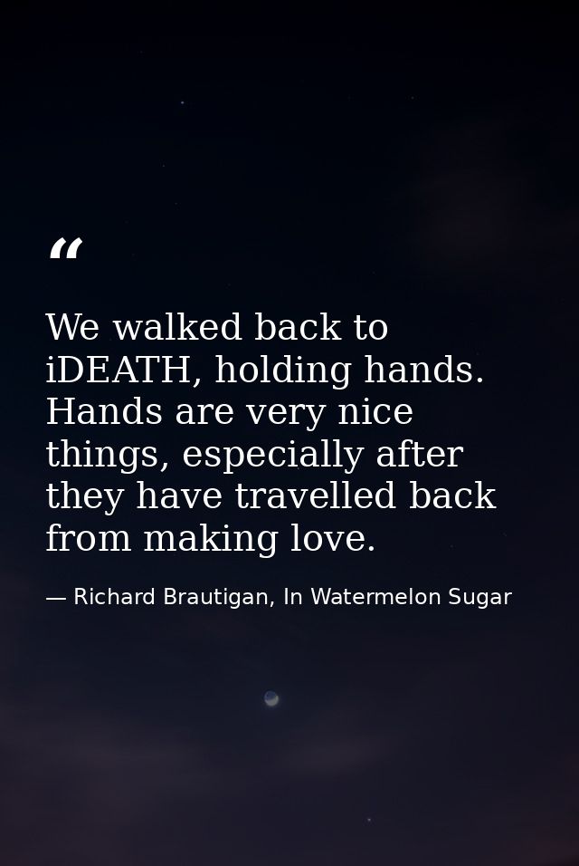 We walked back to iDEATH, holding hands. Hands are very nice things, especially after they have travelled back from maki — Richard Brautigan, In Watermelon Sugar