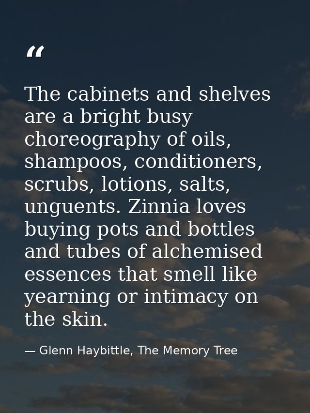 The cabinets and shelves are a bright busy choreography of oils, shampoos, conditioners, scrubs, lotions, salts, unguent — Glenn Haybittle, The Memory Tree