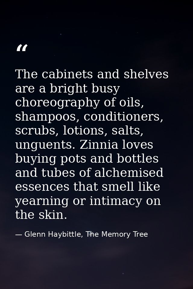 The cabinets and shelves are a bright busy choreography of oils, shampoos, conditioners, scrubs, lotions, salts, unguent — Glenn Haybittle, The Memory Tree