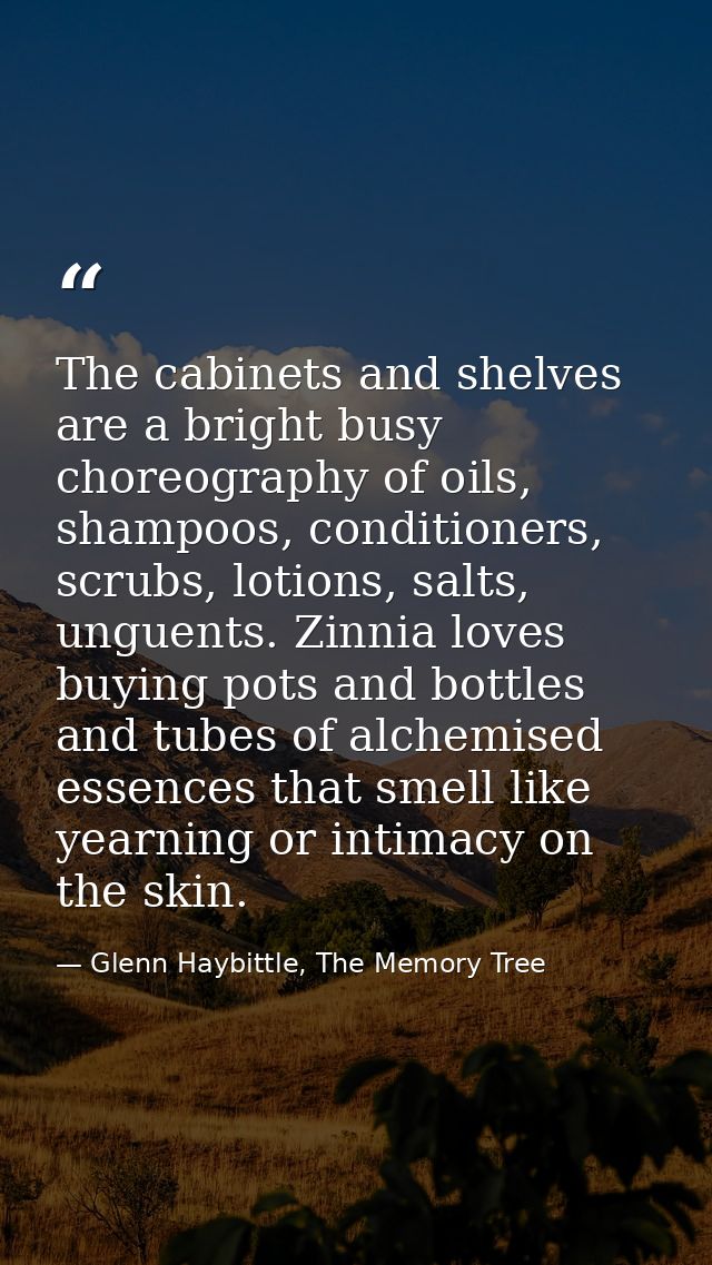 The cabinets and shelves are a bright busy choreography of oils, shampoos, conditioners, scrubs, lotions, salts, unguent — Glenn Haybittle, The Memory Tree
