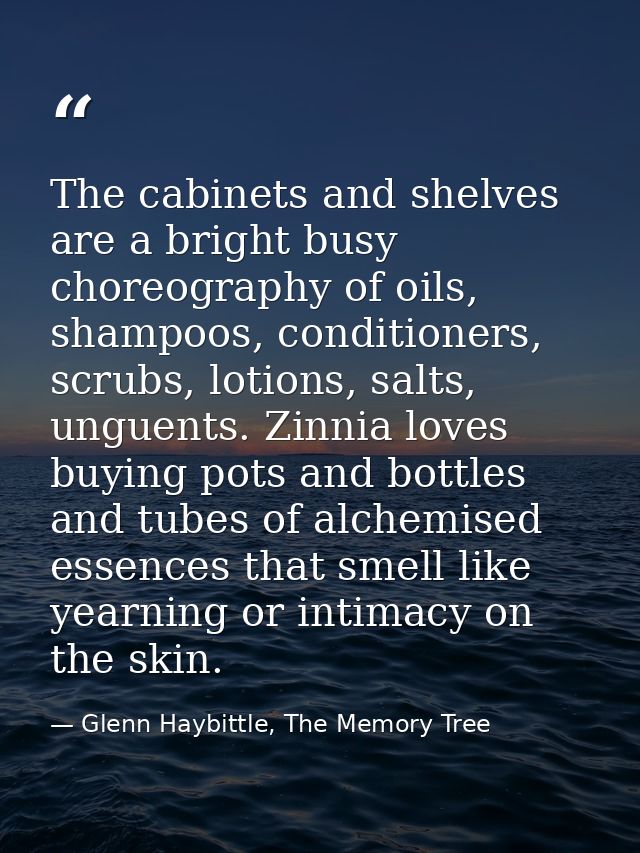 The cabinets and shelves are a bright busy choreography of oils, shampoos, conditioners, scrubs, lotions, salts, unguent — Glenn Haybittle, The Memory Tree