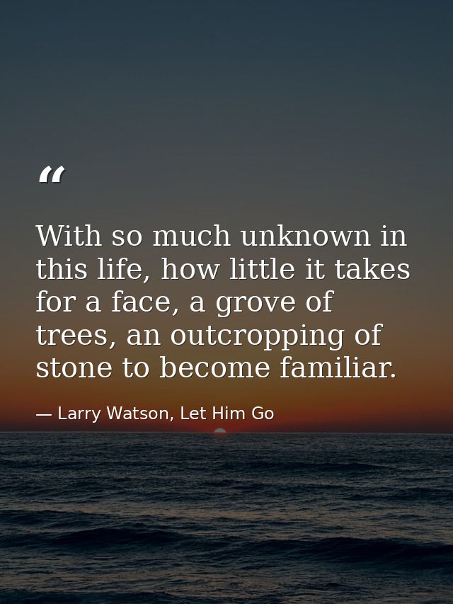 With so much unknown in this life, how little it takes for a face, a grove of trees, an outcropping of stone to become f — Larry Watson, Let Him Go