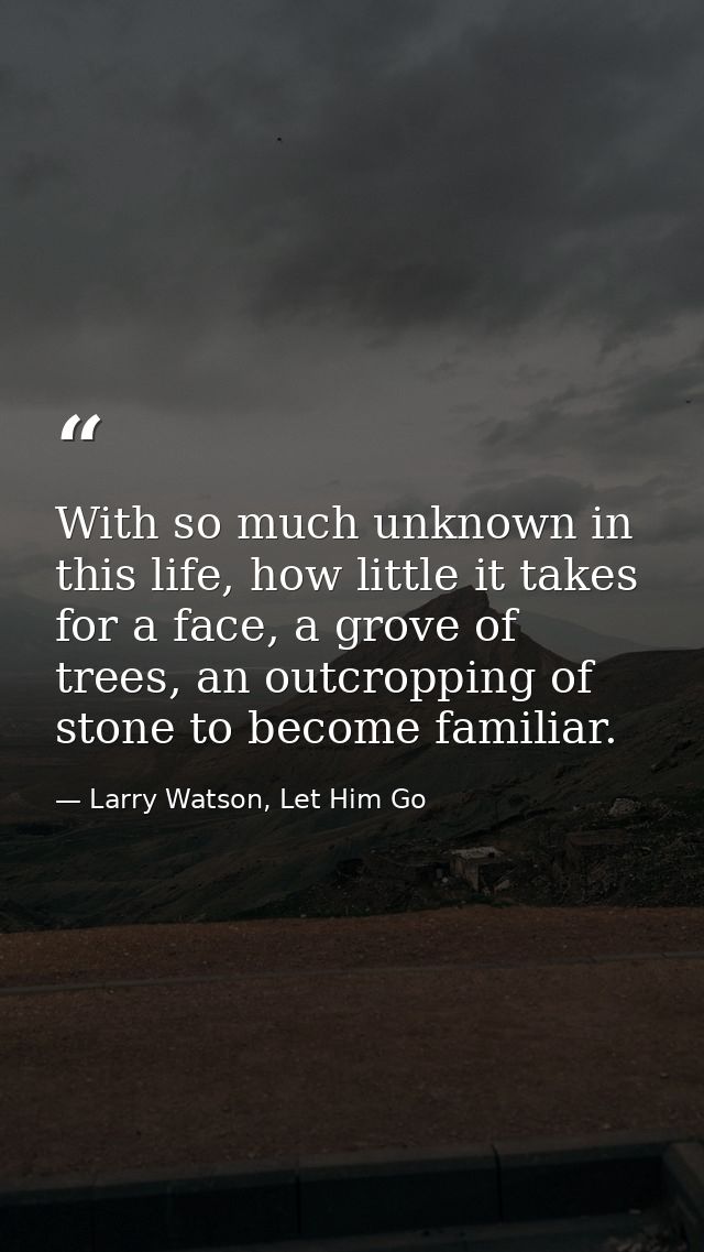 With so much unknown in this life, how little it takes for a face, a grove of trees, an outcropping of stone to become f — Larry Watson, Let Him Go