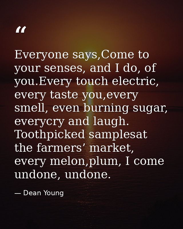 Everyone says,Come to your senses, and I do, of you.Every touch electric, every taste you,every smell, even burning suga — Dean Young