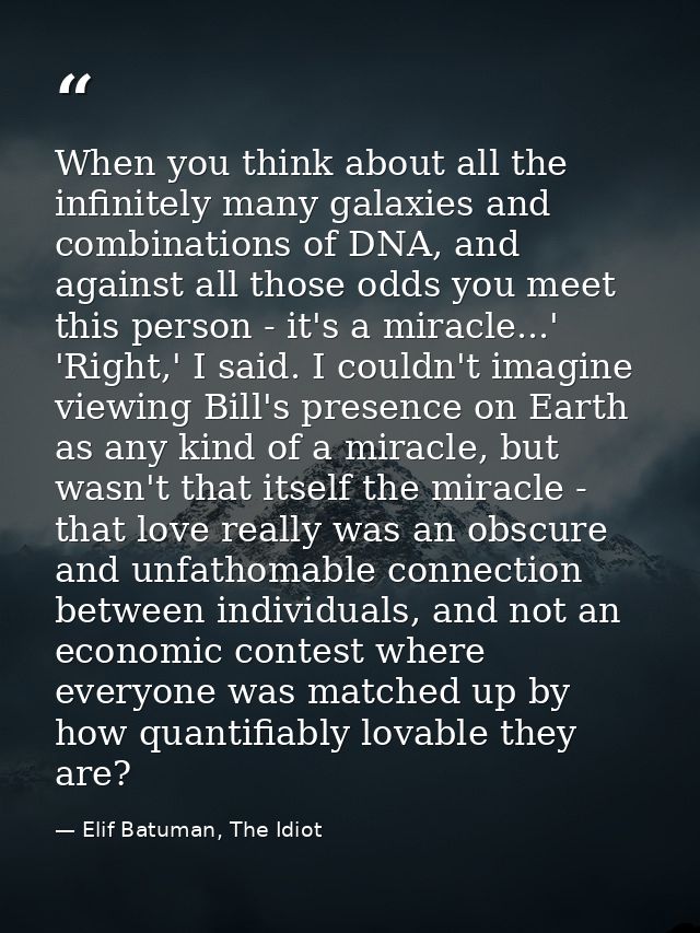 When you think about all the infinitely many galaxies and combinations of DNA, and against all those odds you meet this  — Elif Batuman, The Idiot