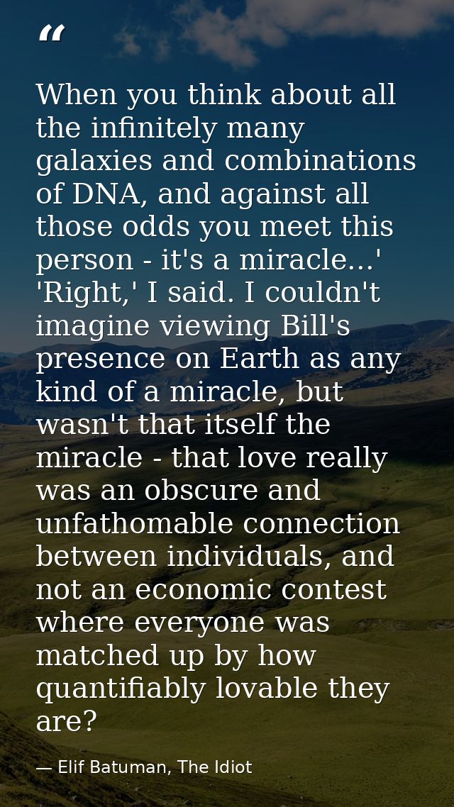 When you think about all the infinitely many galaxies and combinations of DNA, and against all those odds you meet this  — Elif Batuman, The Idiot