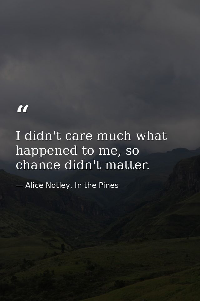 I didn't care much what happened to me, so chance didn't matter. — Alice Notley, In the Pines