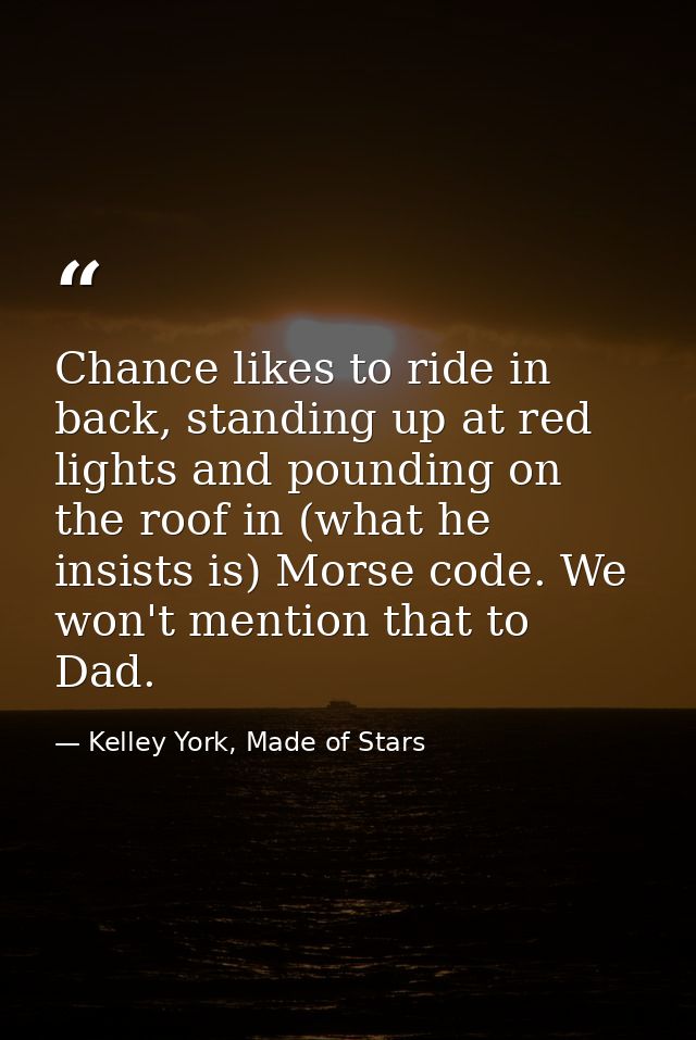 Chance likes to ride in back, standing up at red lights and pounding on the roof in (what he insists is) Morse code. We  — Kelley York, Made of Stars