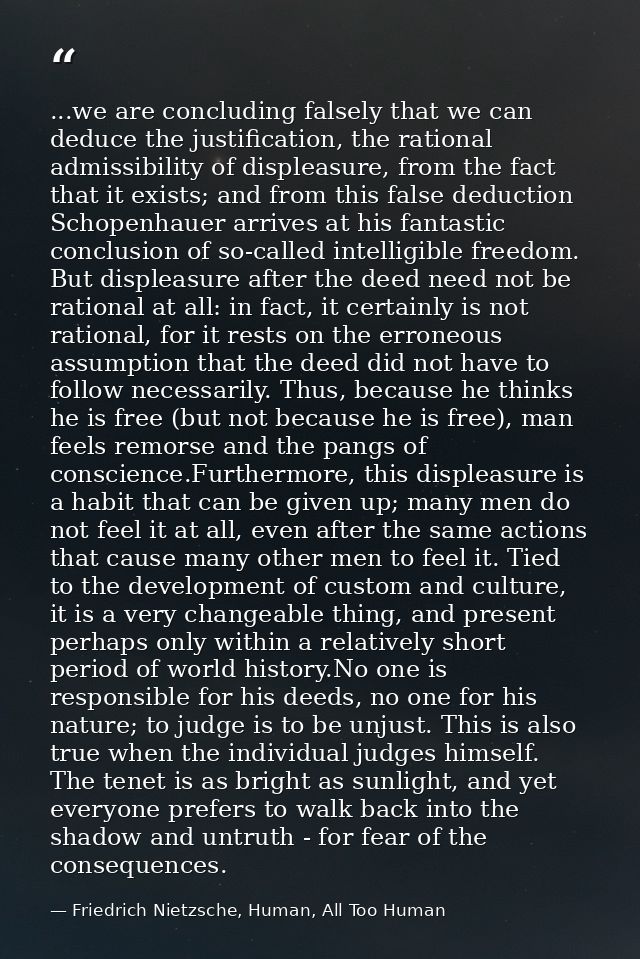 ...we are concluding falsely that we can deduce the justification, the rational admissibility of displeasure, from the f — Friedrich Nietzsche, Human, All Too Human