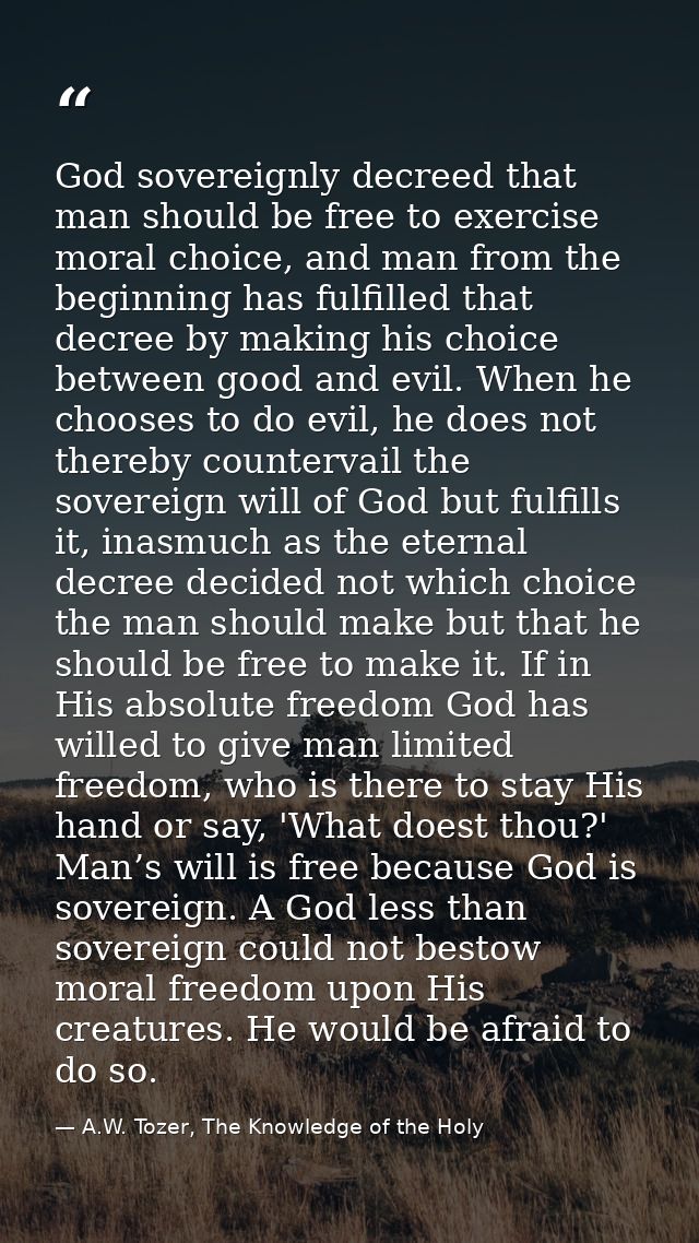 God sovereignly decreed that man should be free to exercise moral choice, and man from the beginning has fulfilled that  — A.W. Tozer, The Knowledge of the Holy