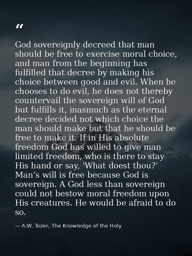 God sovereignly decreed that man should be free to exercise moral choice, and man from the beginning has fulfilled that  — A.W. Tozer, The Knowledge of the Holy