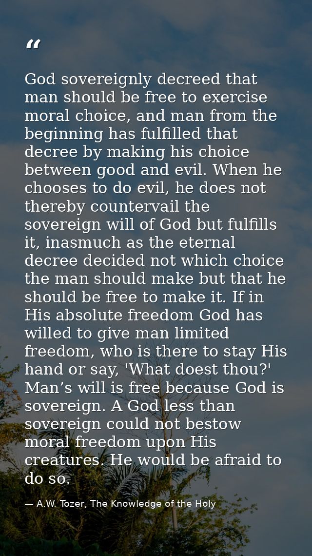 God sovereignly decreed that man should be free to exercise moral choice, and man from the beginning has fulfilled that  — A.W. Tozer, The Knowledge of the Holy