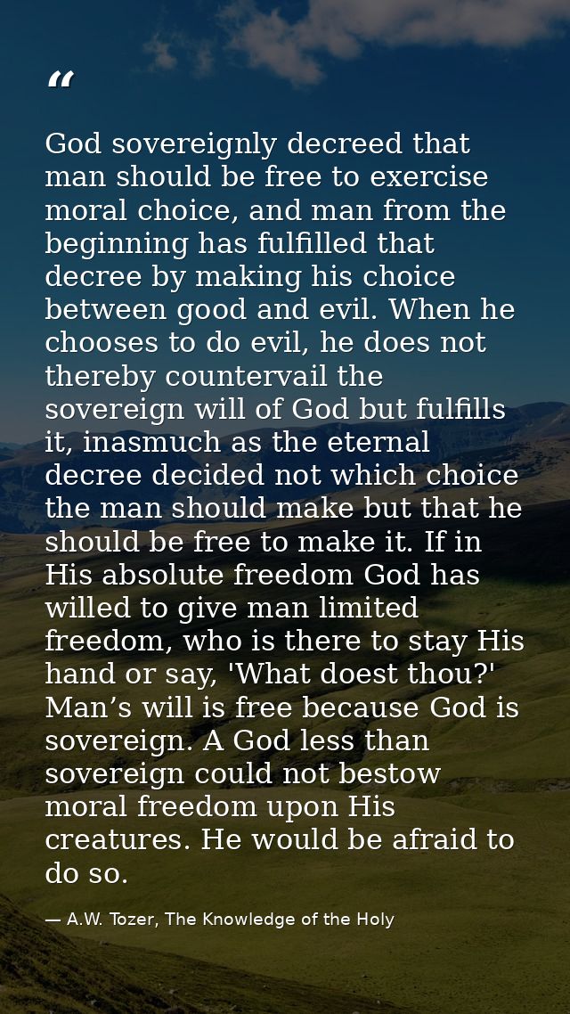 God sovereignly decreed that man should be free to exercise moral choice, and man from the beginning has fulfilled that  — A.W. Tozer, The Knowledge of the Holy