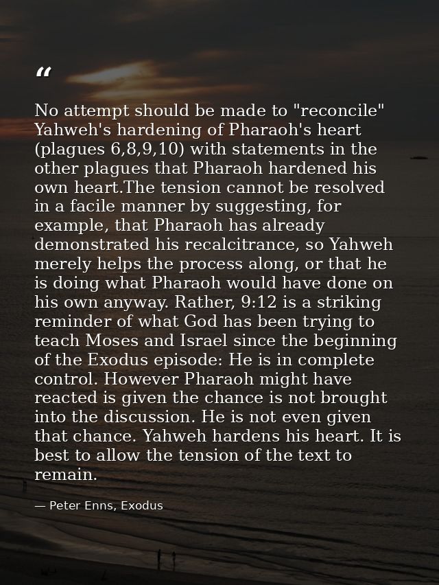 No attempt should be made to "reconcile" Yahweh's hardening of Pharaoh's heart (plagues 6,8,9,10) with statements in the — Peter Enns, Exodus