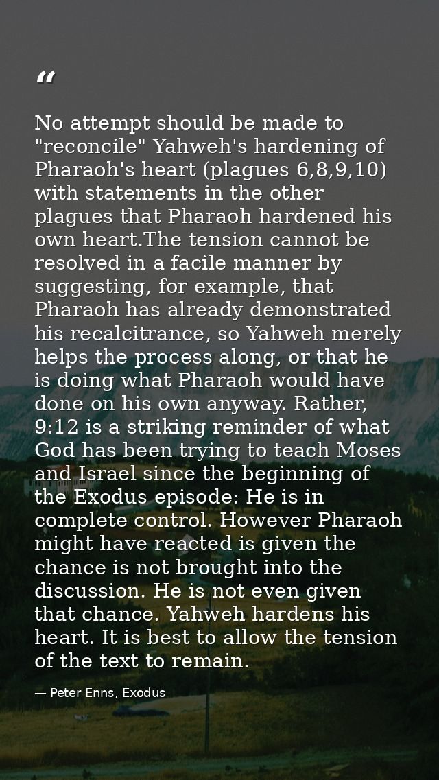 No attempt should be made to "reconcile" Yahweh's hardening of Pharaoh's heart (plagues 6,8,9,10) with statements in the — Peter Enns, Exodus