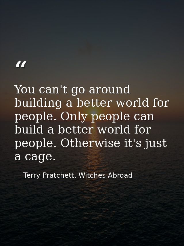 You can't go around building a better world for people. Only people can build a better world for people. Otherwise it's  — Terry Pratchett, Witches Abroad