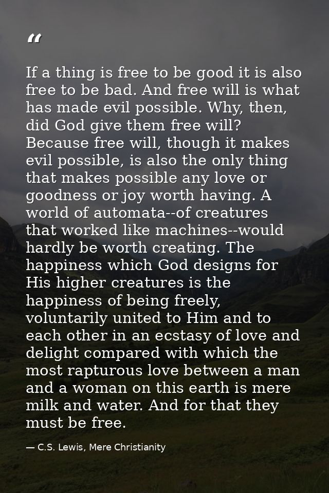 If a thing is free to be good it is also free to be bad. And free will is what has made evil possible. Why, then, did Go — C.S. Lewis, Mere Christianity