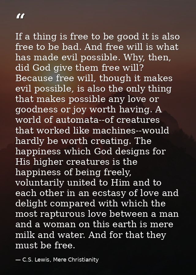 If a thing is free to be good it is also free to be bad. And free will is what has made evil possible. Why, then, did Go — C.S. Lewis, Mere Christianity