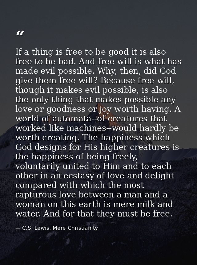 If a thing is free to be good it is also free to be bad. And free will is what has made evil possible. Why, then, did Go — C.S. Lewis, Mere Christianity