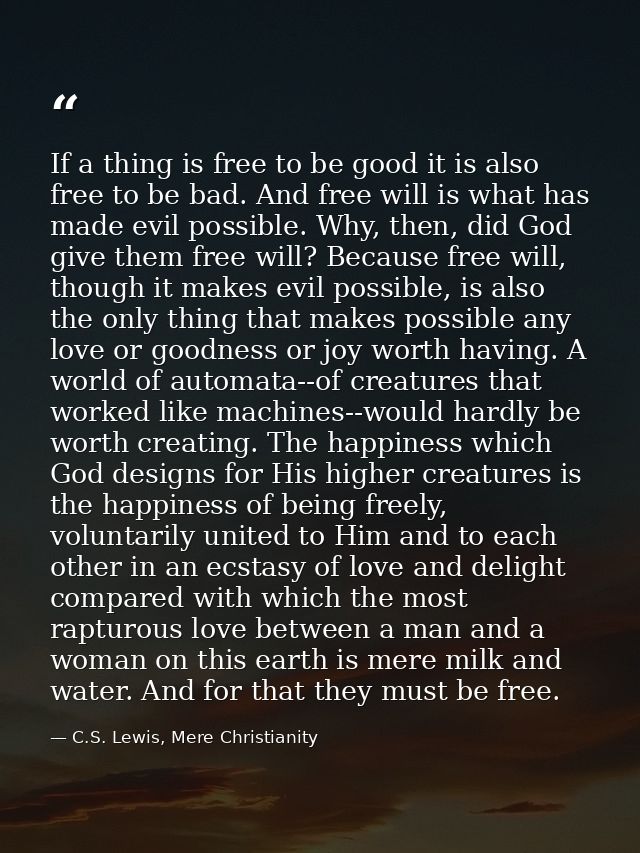 If a thing is free to be good it is also free to be bad. And free will is what has made evil possible. Why, then, did Go — C.S. Lewis, Mere Christianity