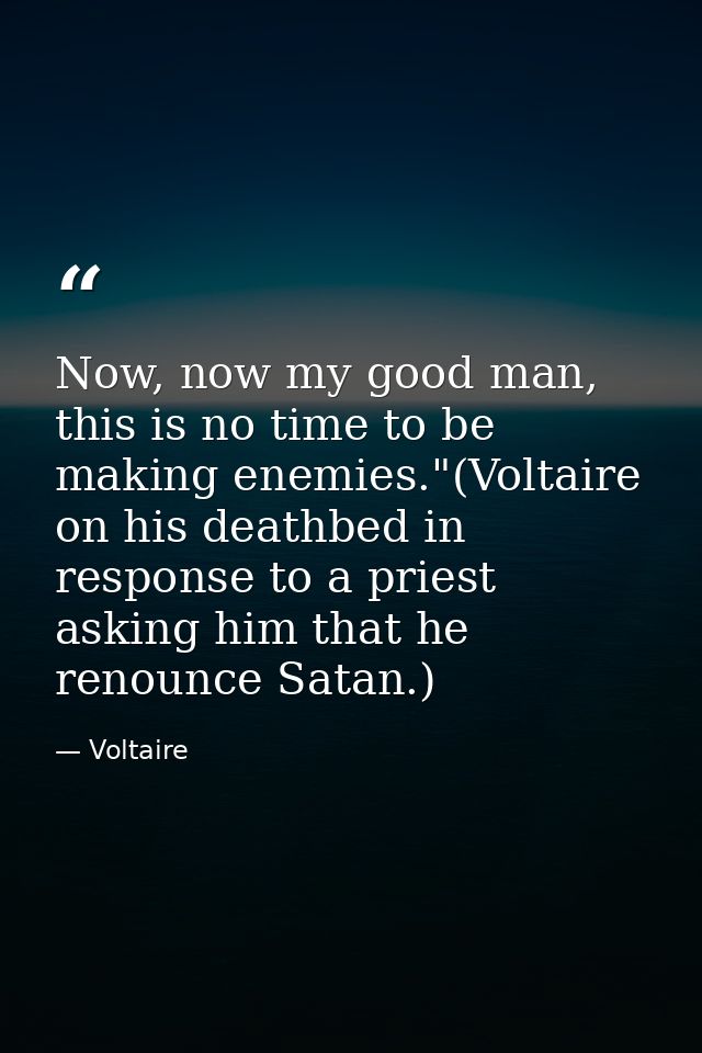 Now, now my good man, this is no time to be making enemies."(Voltaire on his deathbed in response to a priest asking him — Voltaire