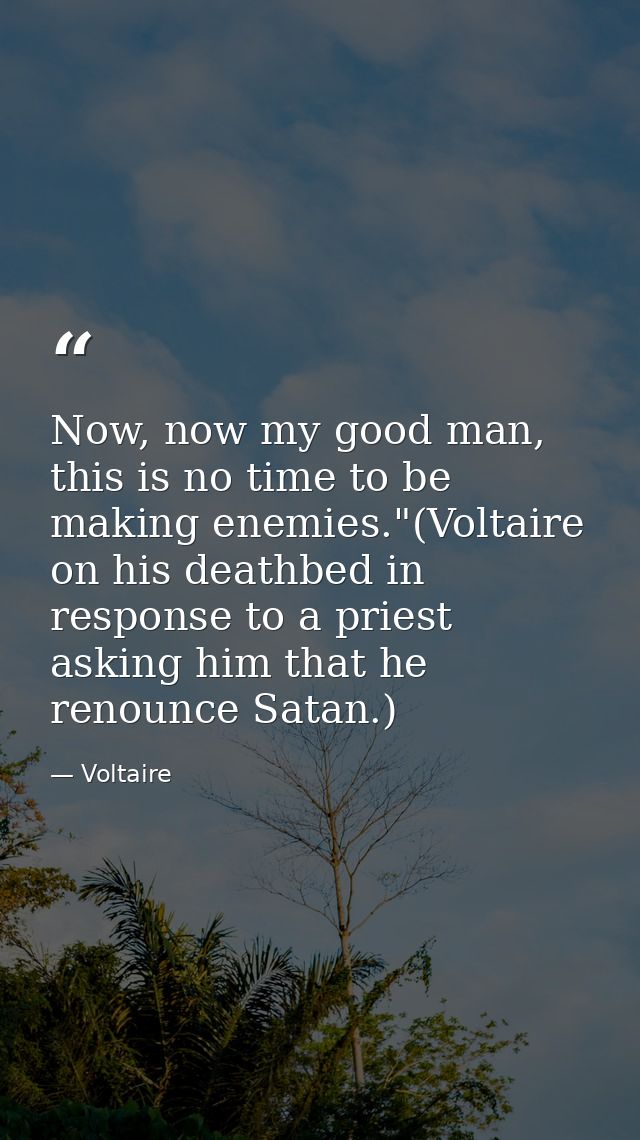 Now, now my good man, this is no time to be making enemies."(Voltaire on his deathbed in response to a priest asking him — Voltaire