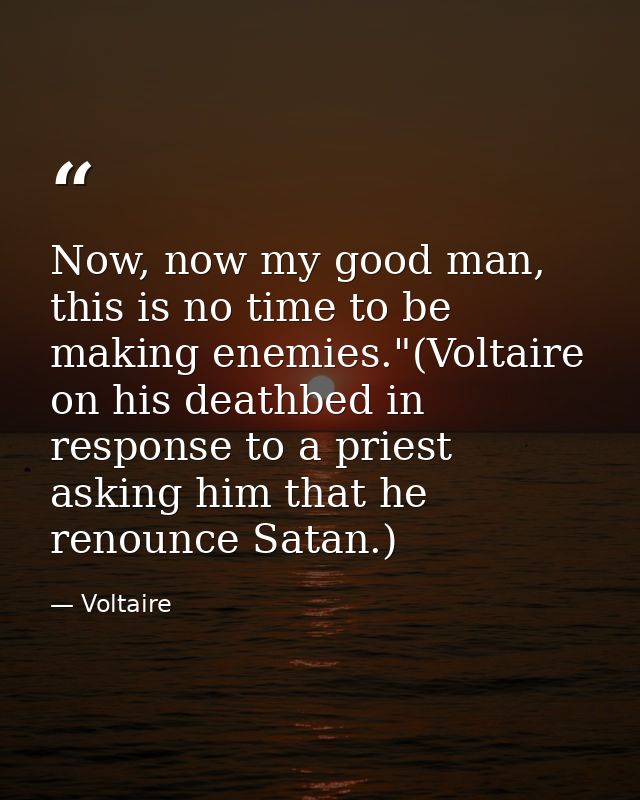 Now, now my good man, this is no time to be making enemies."(Voltaire on his deathbed in response to a priest asking him — Voltaire