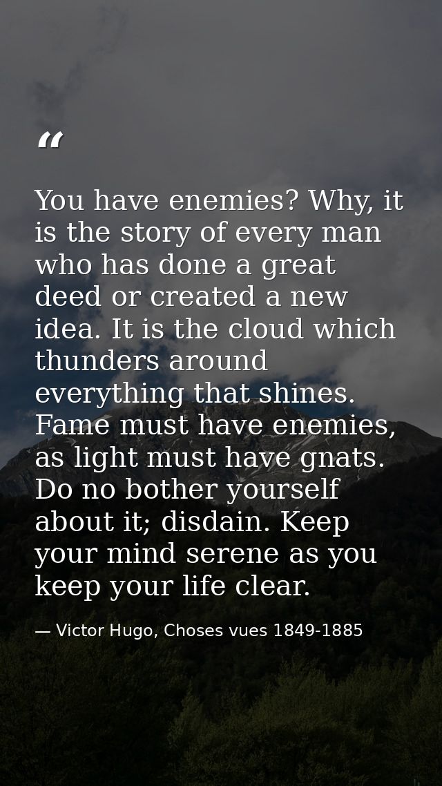 You have enemies? Why, it is the story of every man who has done a great deed or created a new idea. It is the cloud whi — Victor Hugo, Choses vues 1849-1885
