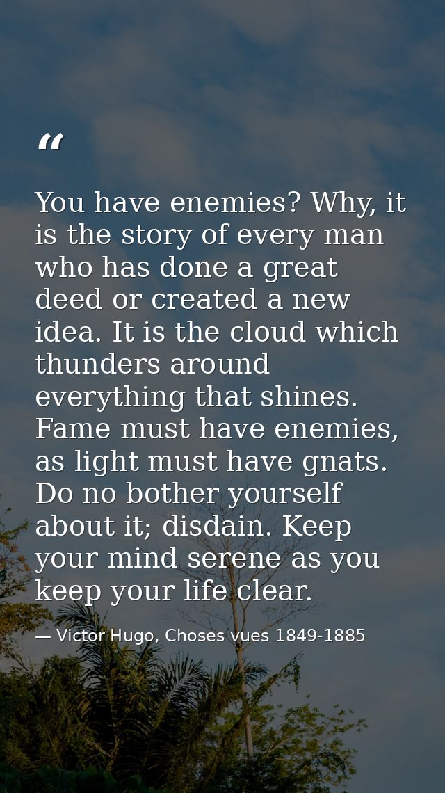 You have enemies? Why, it is the story of every man who has done a great deed or created a new idea. It is the cloud whi — Victor Hugo, Choses vues 1849-1885