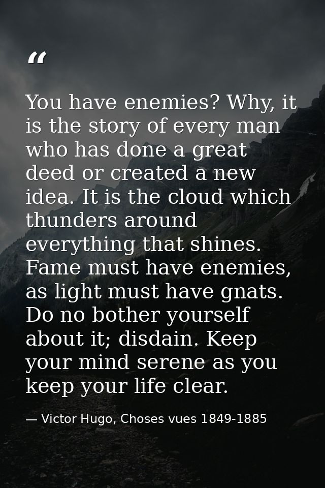 You have enemies? Why, it is the story of every man who has done a great deed or created a new idea. It is the cloud whi — Victor Hugo, Choses vues 1849-1885