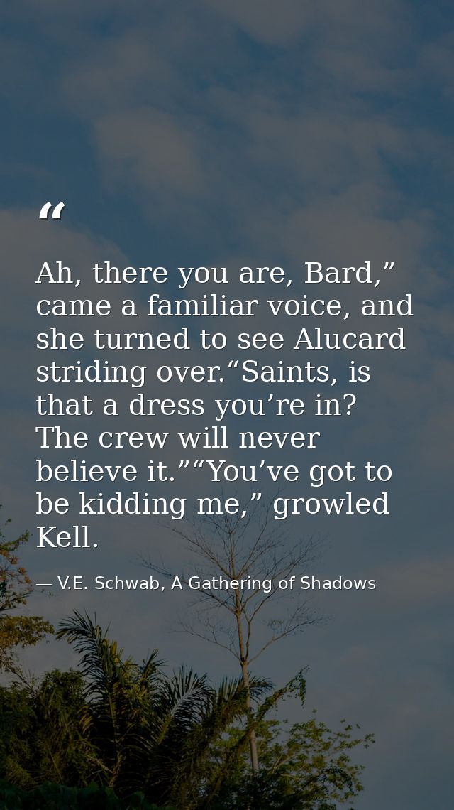 Ah, there you are, Bard,” came a familiar voice, and she turned to see Alucard striding over.“Saints, is that a dress yo — V.E. Schwab, A Gathering of Shadows