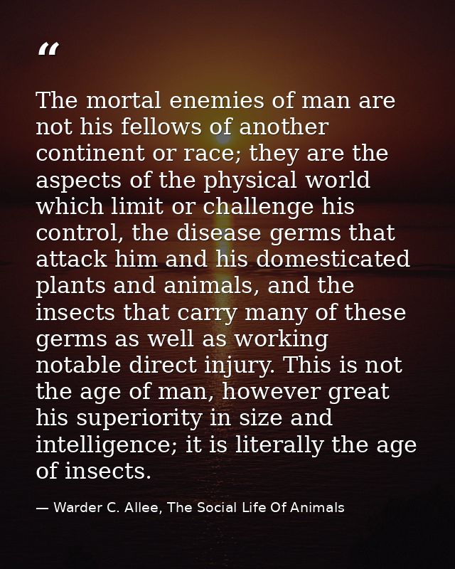 The mortal enemies of man are not his fellows of another continent or race; they are the aspects of the physical world w — Warder C. Allee, The Social Life Of Animals