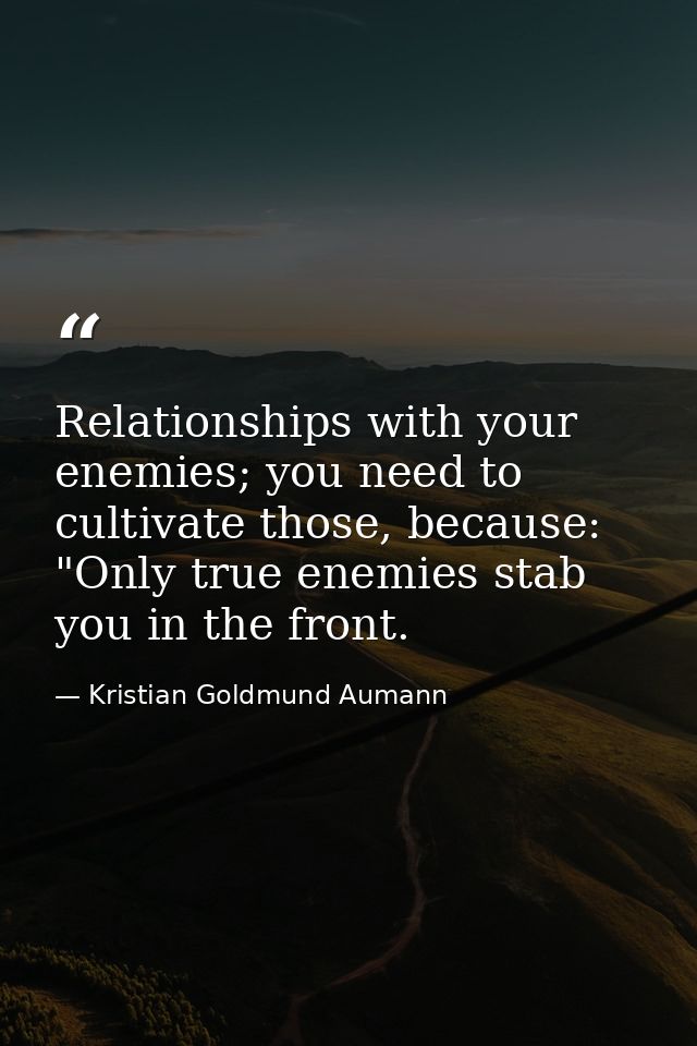 Relationships with your enemies; you need to cultivate those, because: "Only true enemies stab you in the front. — Kristian Goldmund Aumann