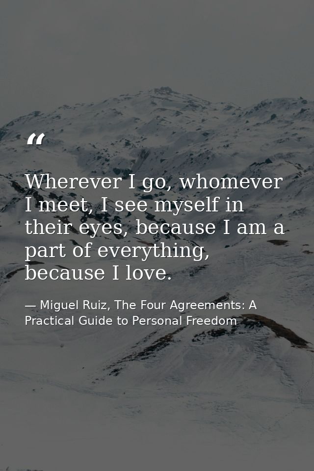 Wherever I go, whomever I meet, I see myself in their eyes, because I am a part of everything, because I love. — Miguel Ruiz, The Four Agreements: A Practical Guide to Personal Freedom