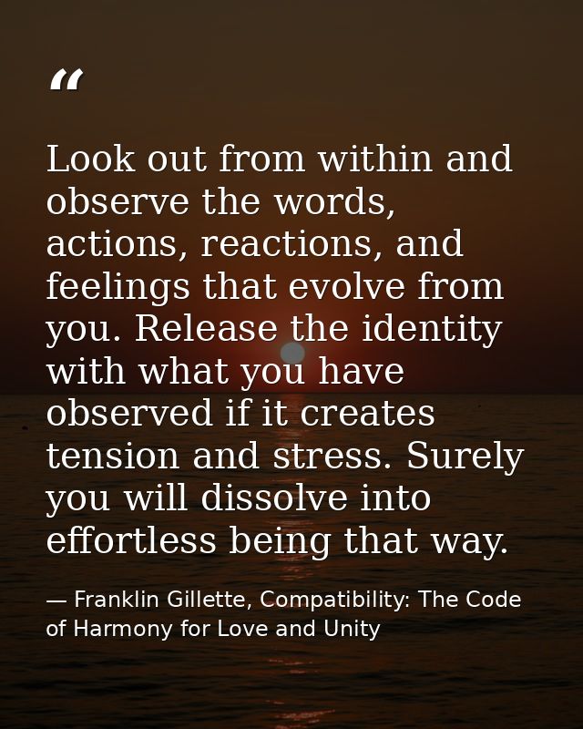 Look out from within and observe the words, actions, reactions, and feelings that evolve from you. Release the identity  — Franklin Gillette, Compatibility: The Code of Harmony for Love and Unity