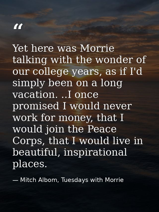 Yet here was Morrie talking with the wonder of our college years, as if I'd simply been on a long vacation. ..I once pro — Mitch Albom, Tuesdays with Morrie