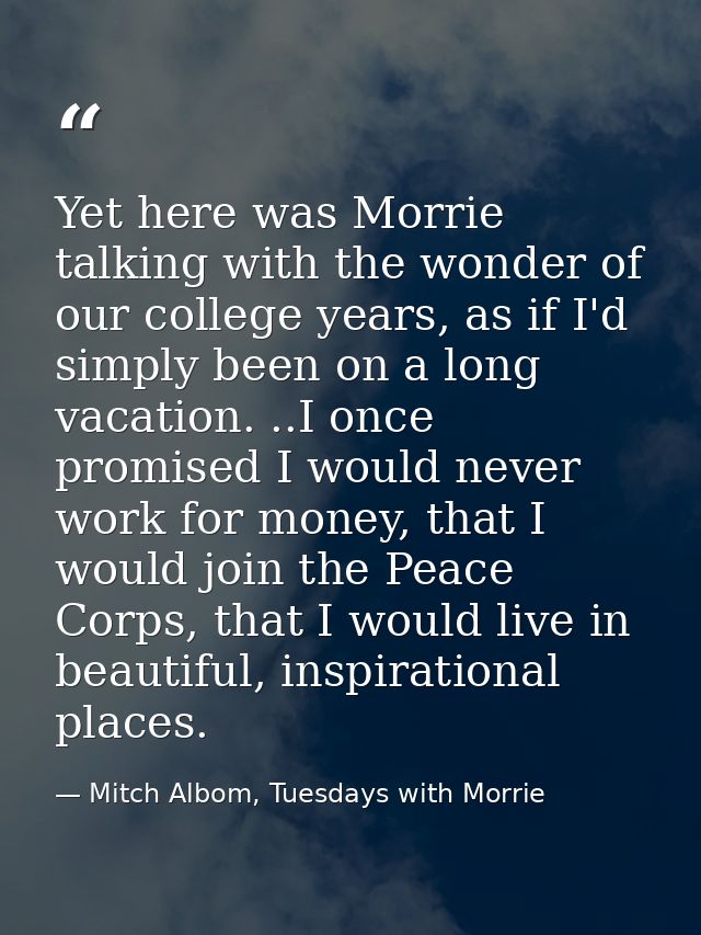 Yet here was Morrie talking with the wonder of our college years, as if I'd simply been on a long vacation. ..I once pro — Mitch Albom, Tuesdays with Morrie