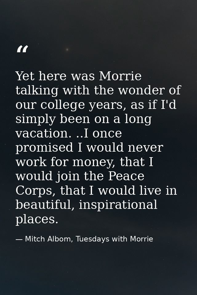 Yet here was Morrie talking with the wonder of our college years, as if I'd simply been on a long vacation. ..I once pro — Mitch Albom, Tuesdays with Morrie