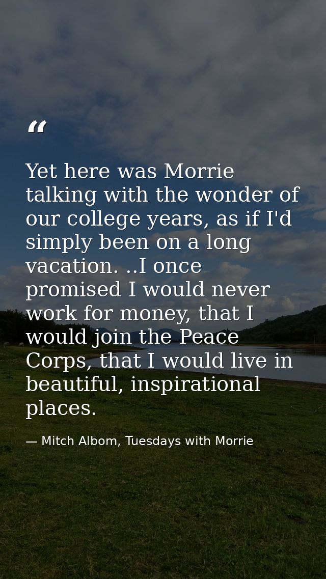 Yet here was Morrie talking with the wonder of our college years, as if I'd simply been on a long vacation. ..I once pro — Mitch Albom, Tuesdays with Morrie