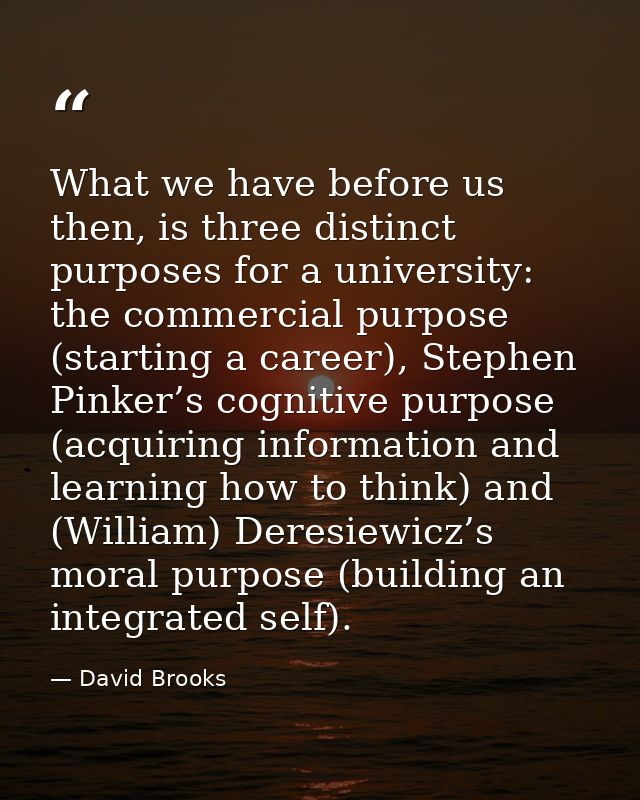 What we have before us then, is three distinct purposes for a university: the commercial purpose (starting a career), St — David Brooks