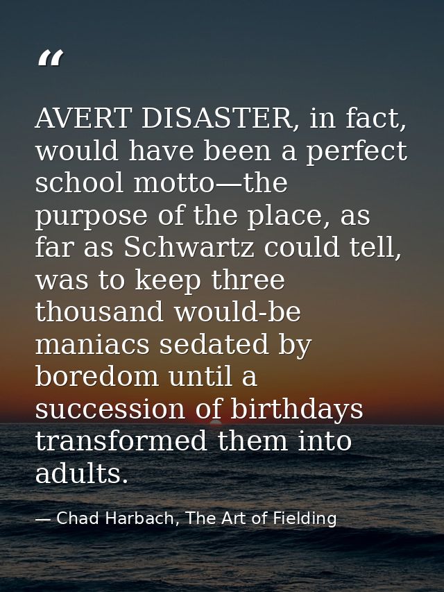 AVERT DISASTER, in fact, would have been a perfect school motto—the purpose of the place, as far as Schwartz could tell, — Chad Harbach, The Art of Fielding