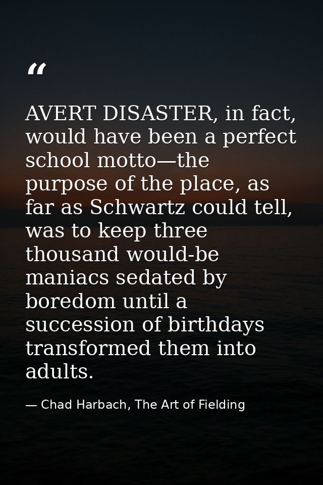 AVERT DISASTER, in fact, would have been a perfect school motto—the purpose of the place, as far as Schwartz could tell, — Chad Harbach, The Art of Fielding