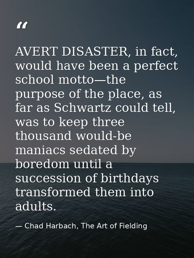 AVERT DISASTER, in fact, would have been a perfect school motto—the purpose of the place, as far as Schwartz could tell, — Chad Harbach, The Art of Fielding