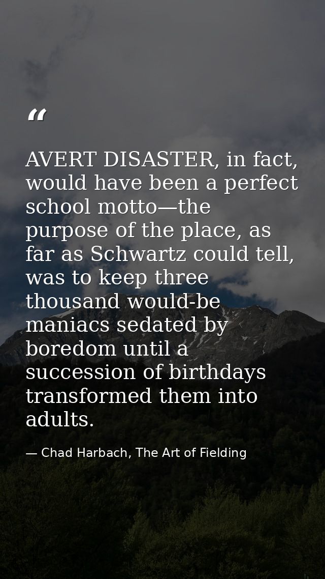AVERT DISASTER, in fact, would have been a perfect school motto—the purpose of the place, as far as Schwartz could tell, — Chad Harbach, The Art of Fielding