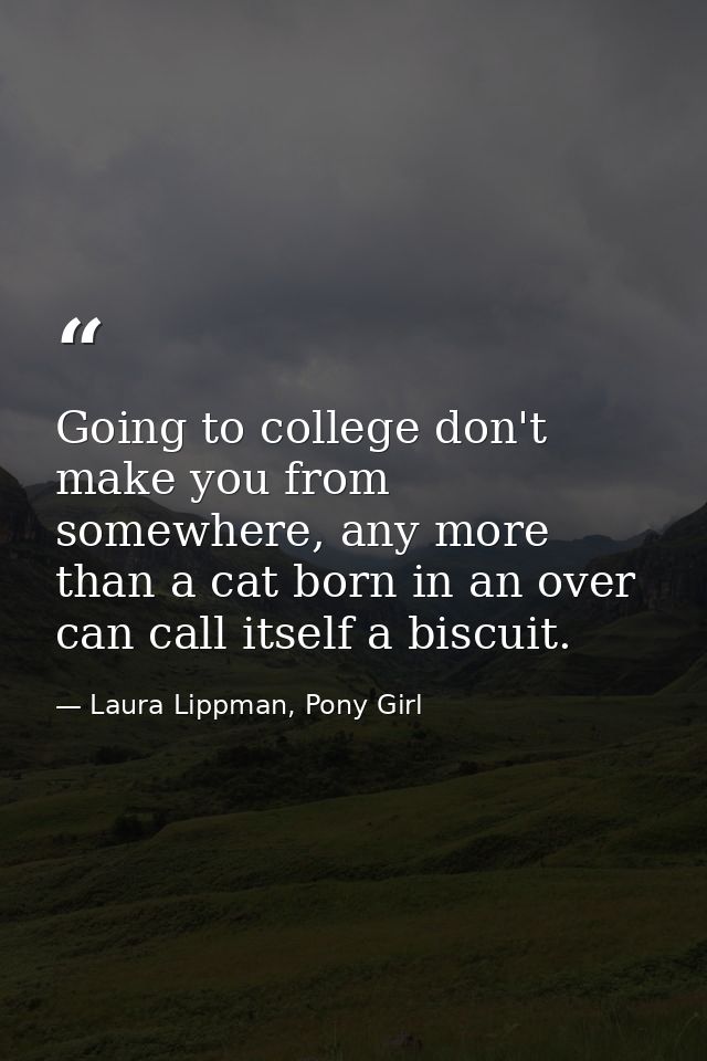Going to college don't make you from somewhere, any more than a cat born in an over can call itself a biscuit. — Laura Lippman, Pony Girl