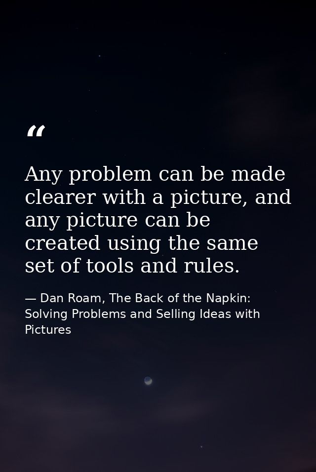 Any problem can be made clearer with a picture, and any picture can be created using the same set of tools and rules. — Dan Roam, The Back of the Napkin: Solving Problems and Selling Ideas with Pictures