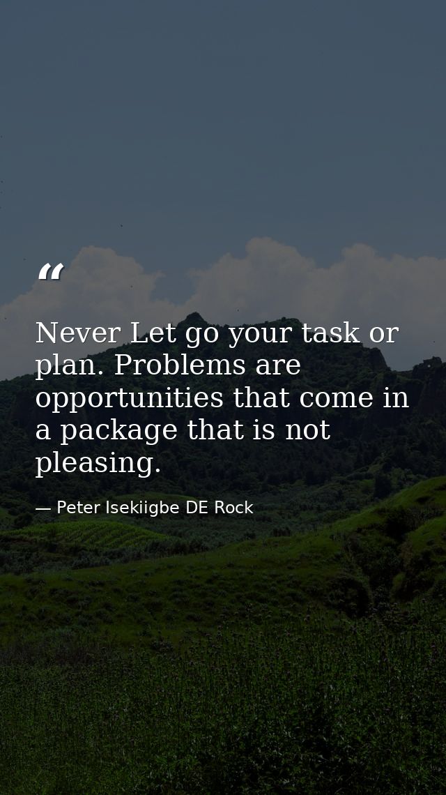 Never Let go your task or plan. Problems are opportunities that come in a package that is not pleasing. — Peter Isekiigbe DE Rock
