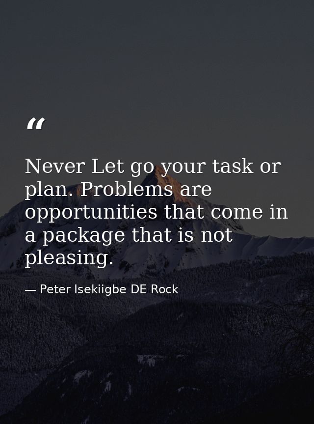 Never Let go your task or plan. Problems are opportunities that come in a package that is not pleasing. — Peter Isekiigbe DE Rock