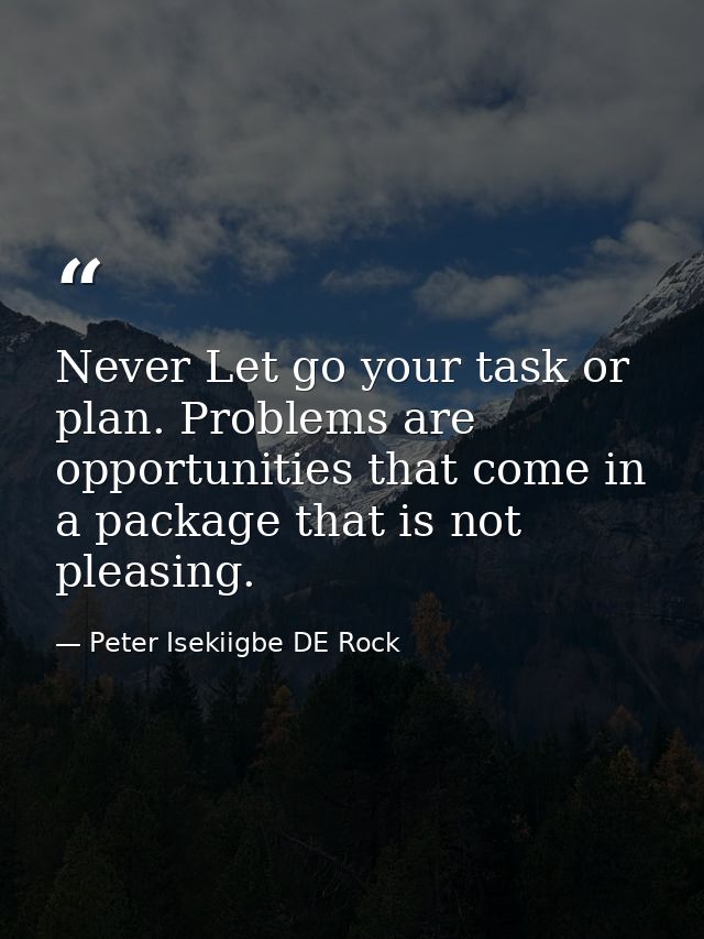 Never Let go your task or plan. Problems are opportunities that come in a package that is not pleasing. — Peter Isekiigbe DE Rock